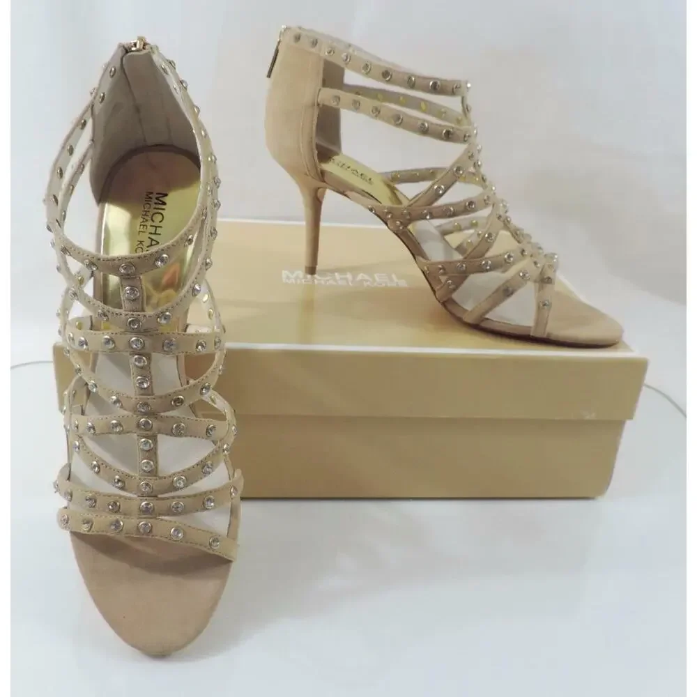 Michael Kors Size 10 Maddie Jeweled T-Strap Evening Sandals Nude